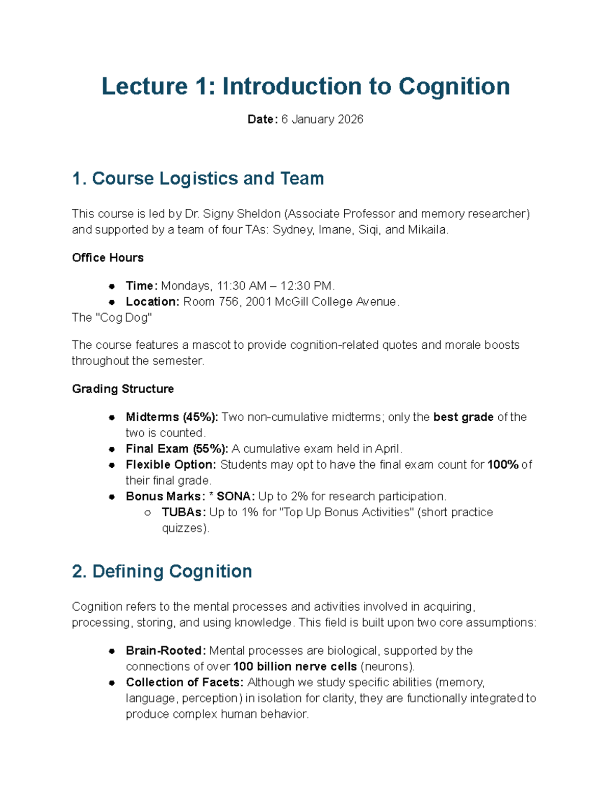 Psyc 213: Lecture 1 - Introduction to Cognition and Course Overview ...