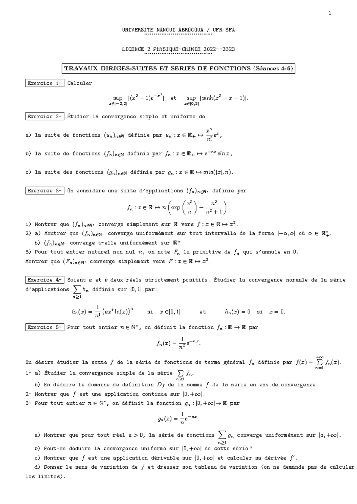 TD2 Analyse 3 L2PC - Suites et Séries de Fonctions (S4-6) - Studocu