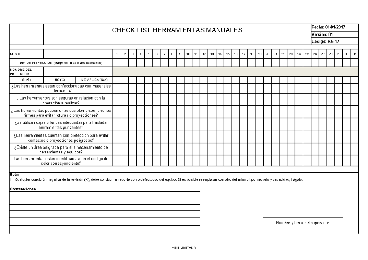 RG-17 Check List Mensual de Herramientas Manuales - Studocu