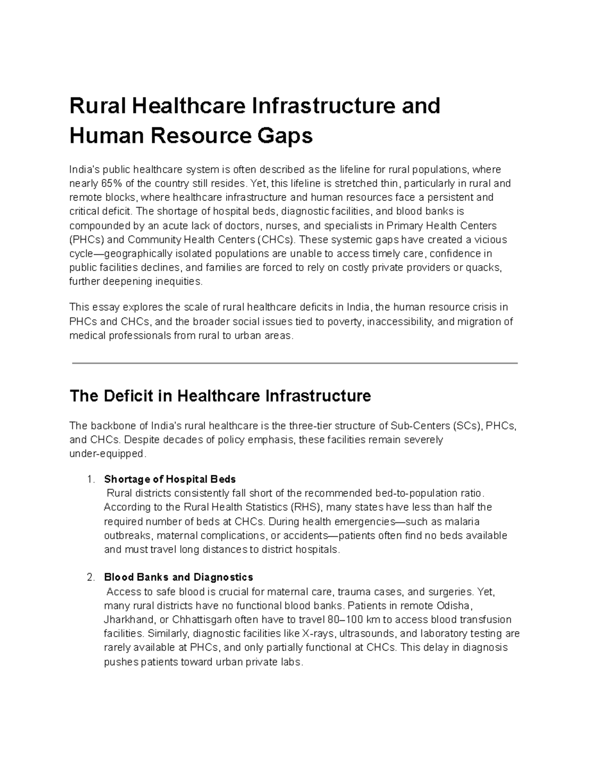 Rural Healthcare Infrastructure & HR Gaps: A Critical Analysis - Studocu