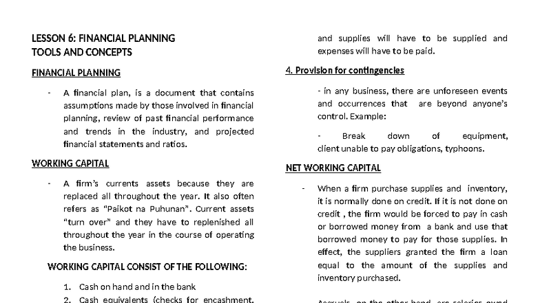 Busfin 101: Lesson 6 - Financial Planning Tools & Concepts - Studocu