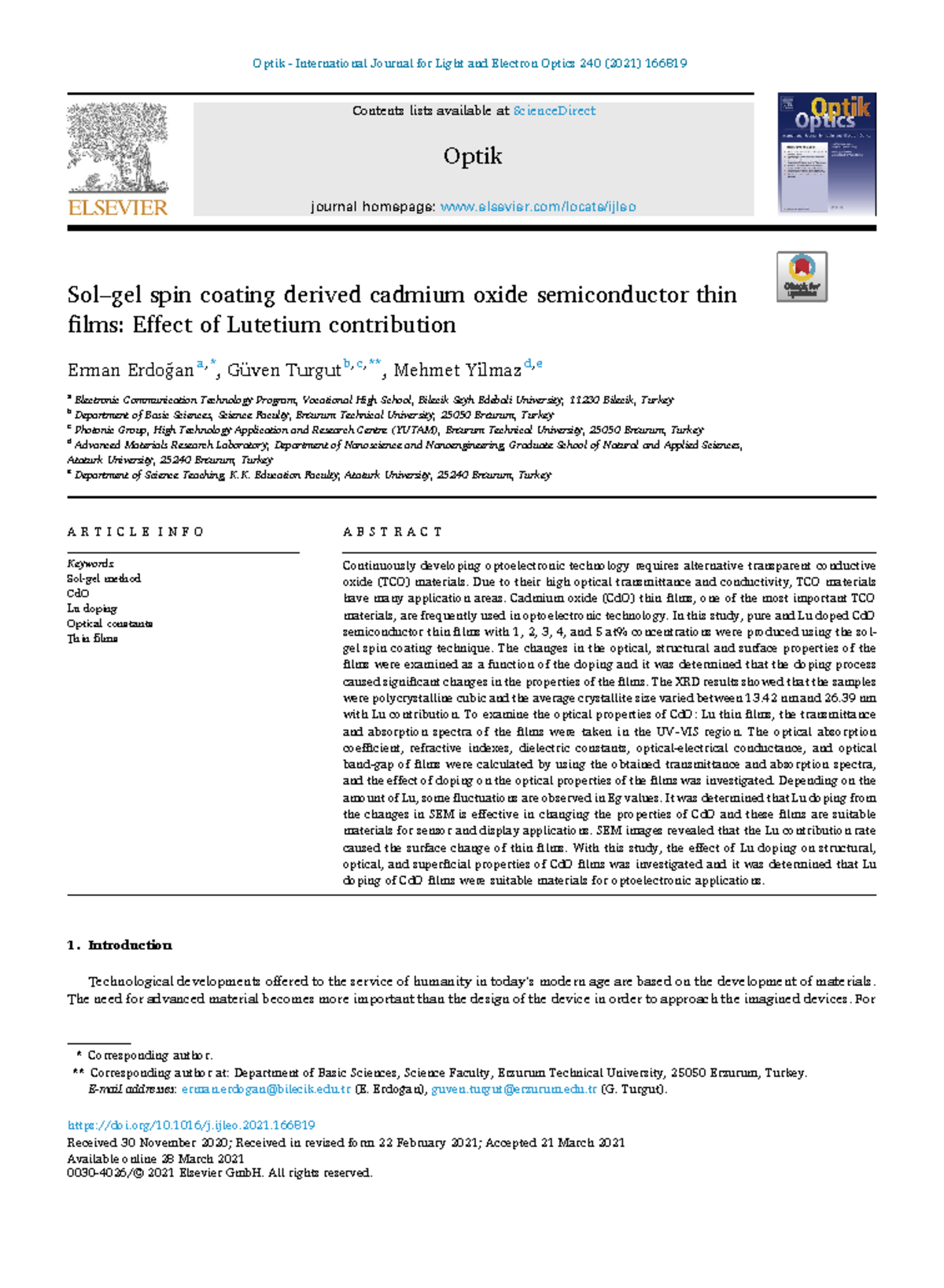 4-Erdogan 2021- solgel spin coating - Optik - International Journal for ...