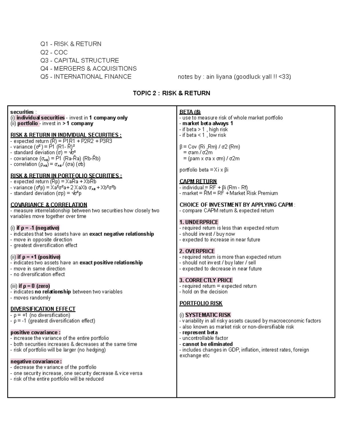 MAF603 Notes: Risk-Return, Cost of Capital, Mergers & International ...