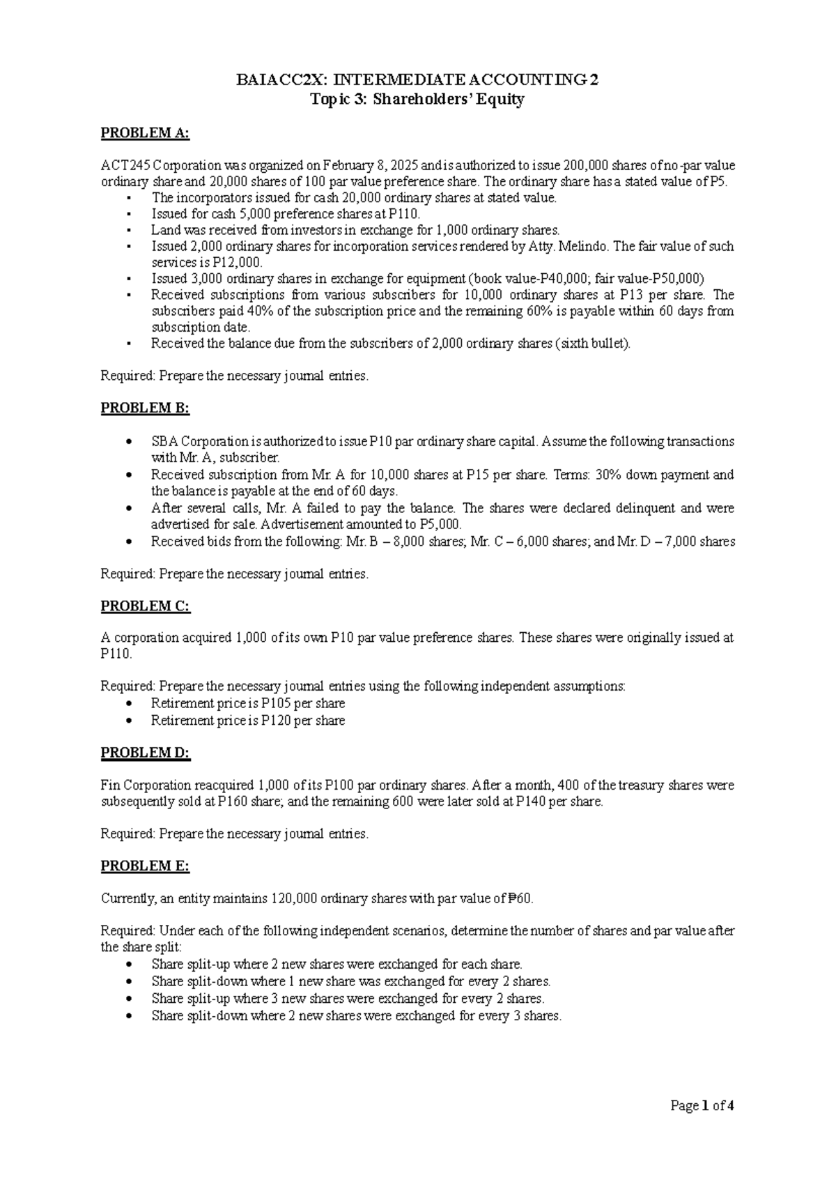 BAIACC2X: Intermediate Accounting 2 Topic 3 - Equity Journal Entries ...