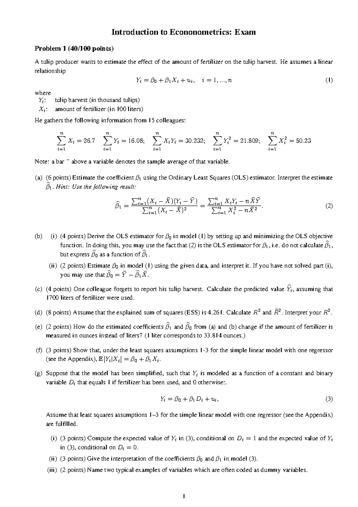 Econonometrics Exam Practice: Proef Tentamen Okt 2017 Vragen - Studeersnel