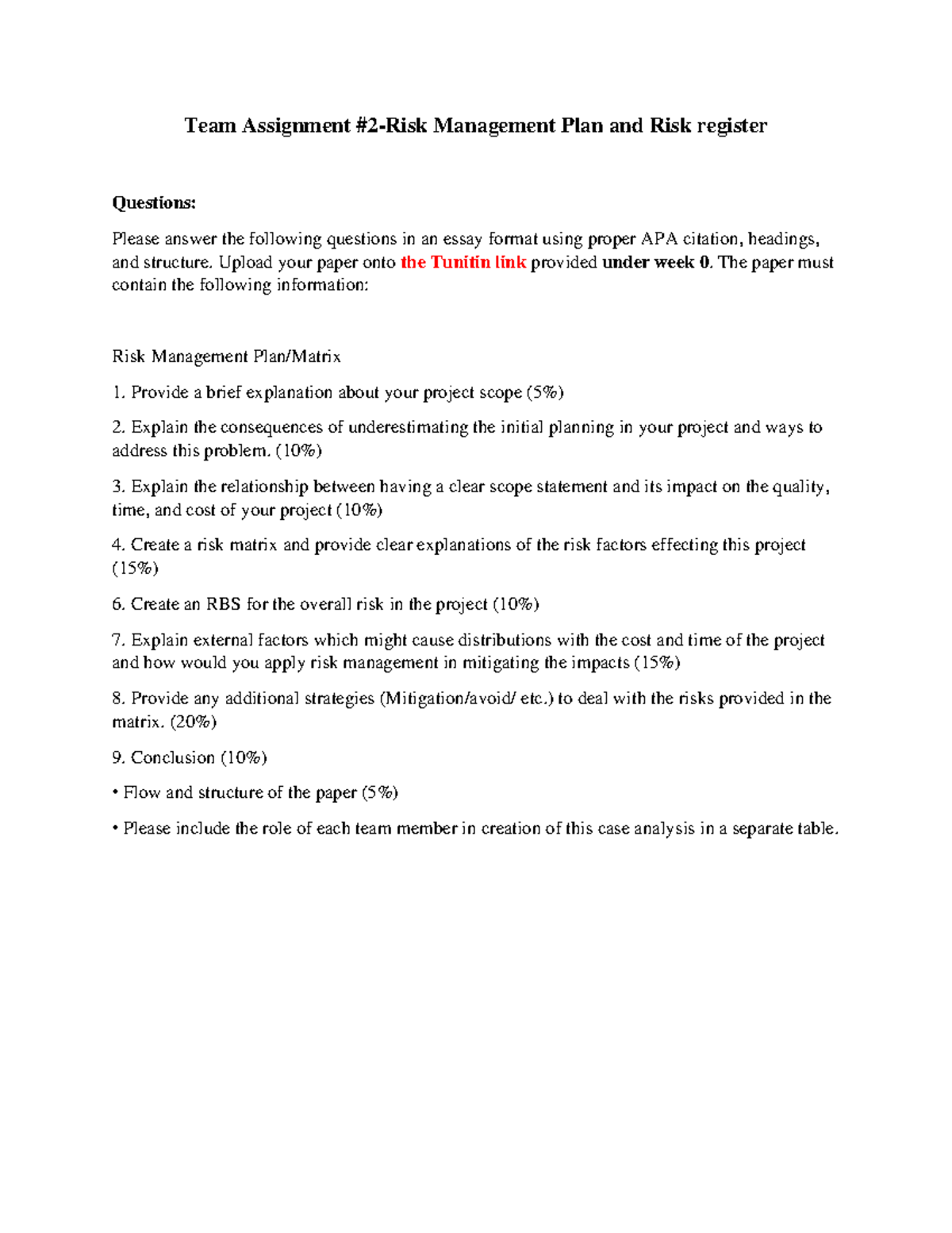 Team Assignment #2: Comprehensive Risk Management Plan & Matrix - Studocu