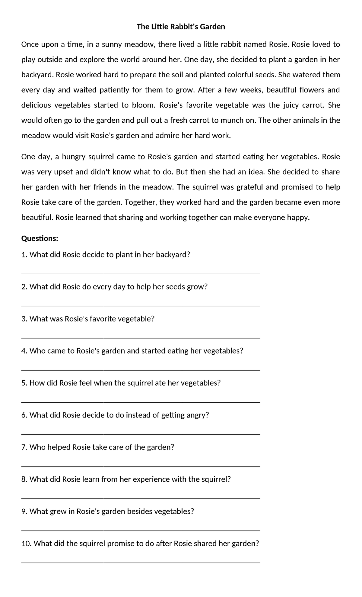 Reading Comprehension: The Little Rabbits Adventure - Studocu