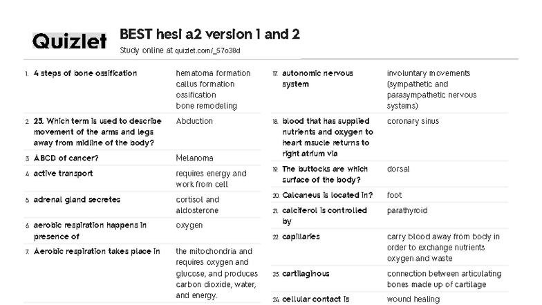 A&P HESI Quizlet Study Guide for Versions 1 & 2 - Studocu