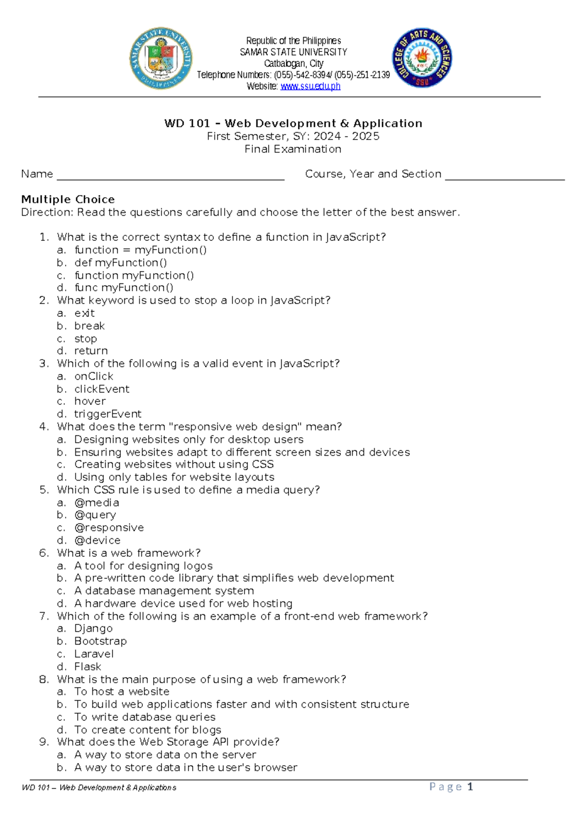 WD 101 Web Development Applications Final Exam Review Guide - Studocu