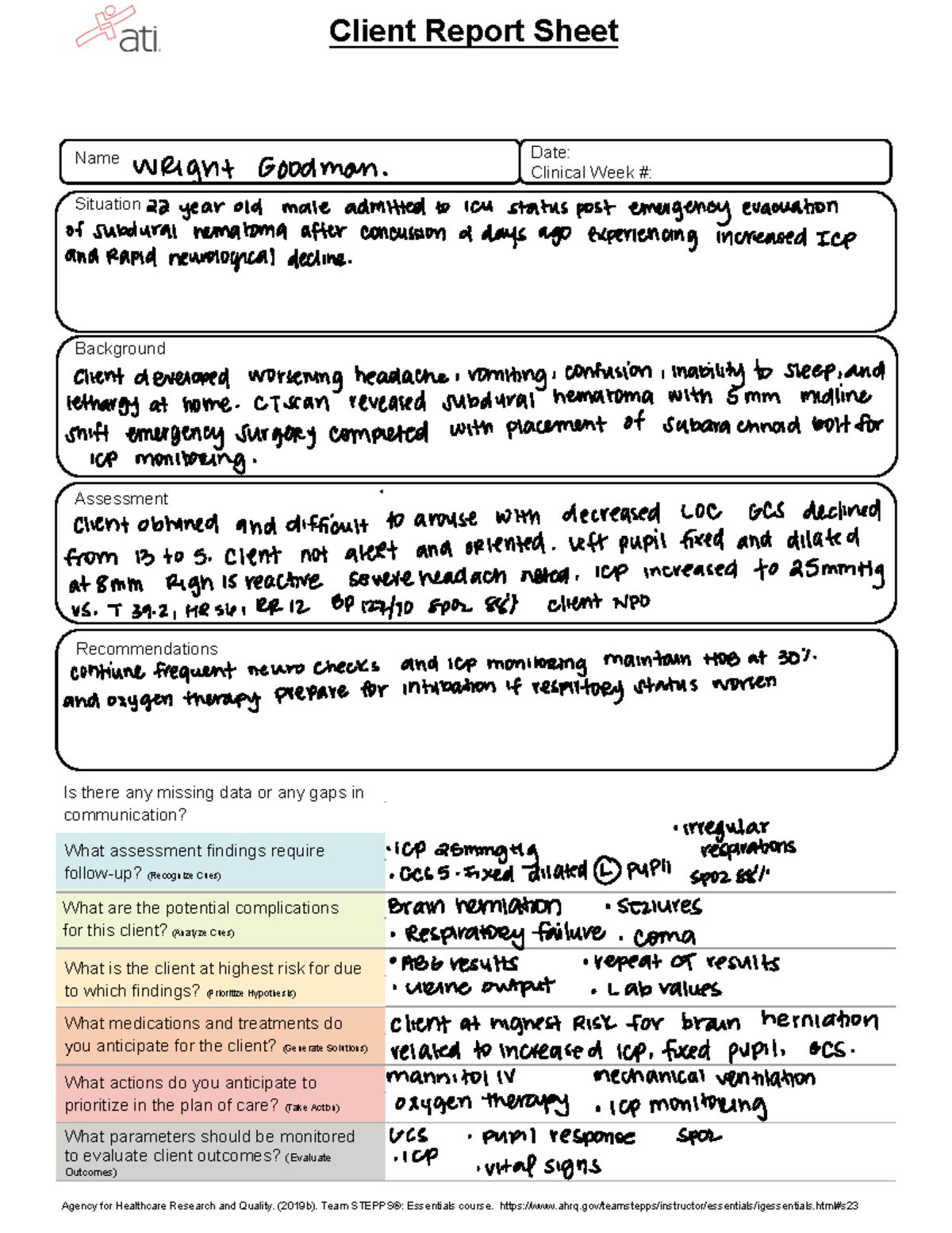 ATI Client Report Sheet 3: Clinical Week - ICU Case Study Analysis ...