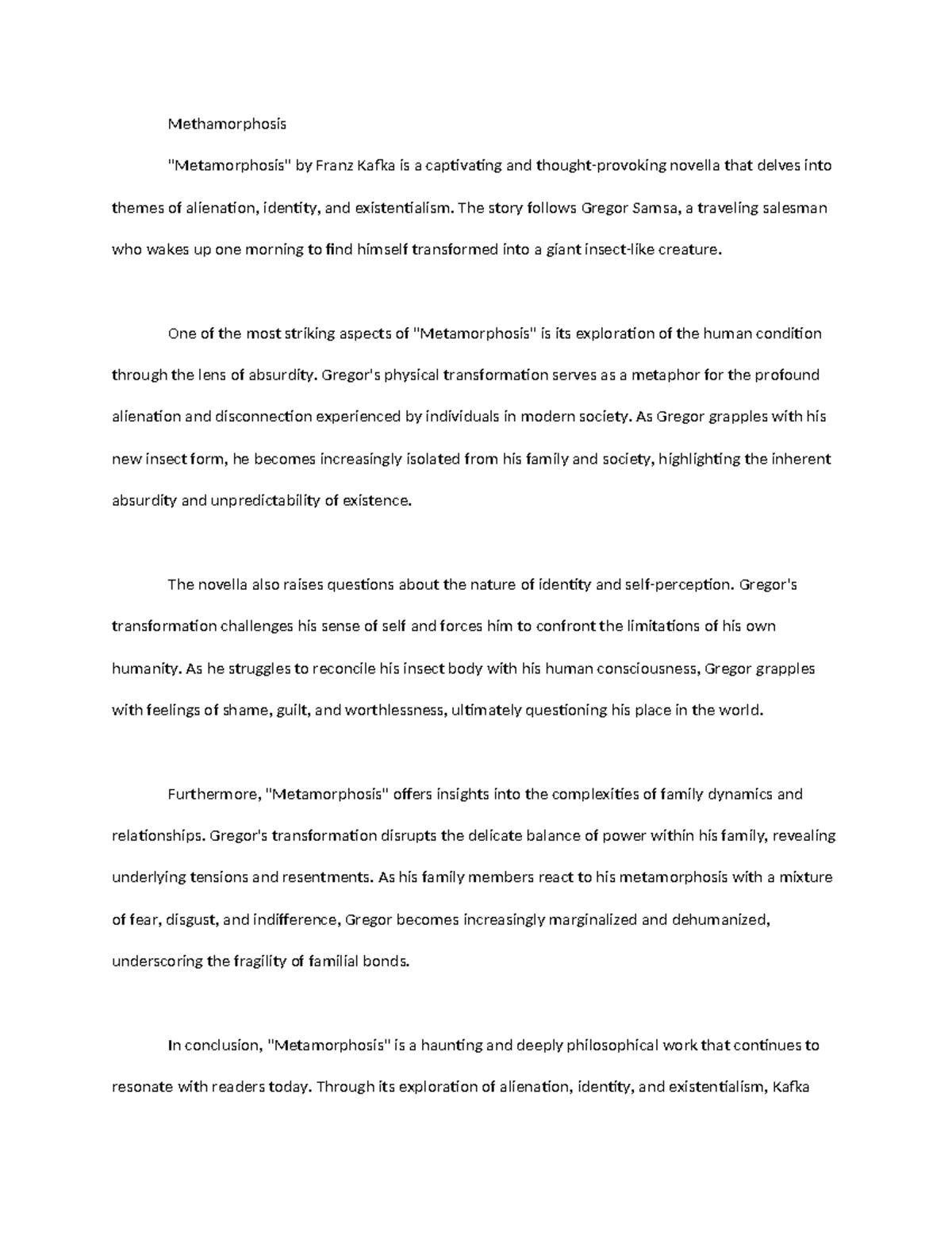 MET 301: Metamorphosis - Themes of Alienation and Identity - Studocu