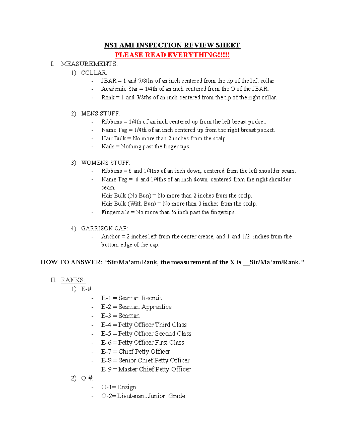 NJROTC NS1 Inspection Review Sheet: Ranks, Orders, & Protocols - NS1 ...