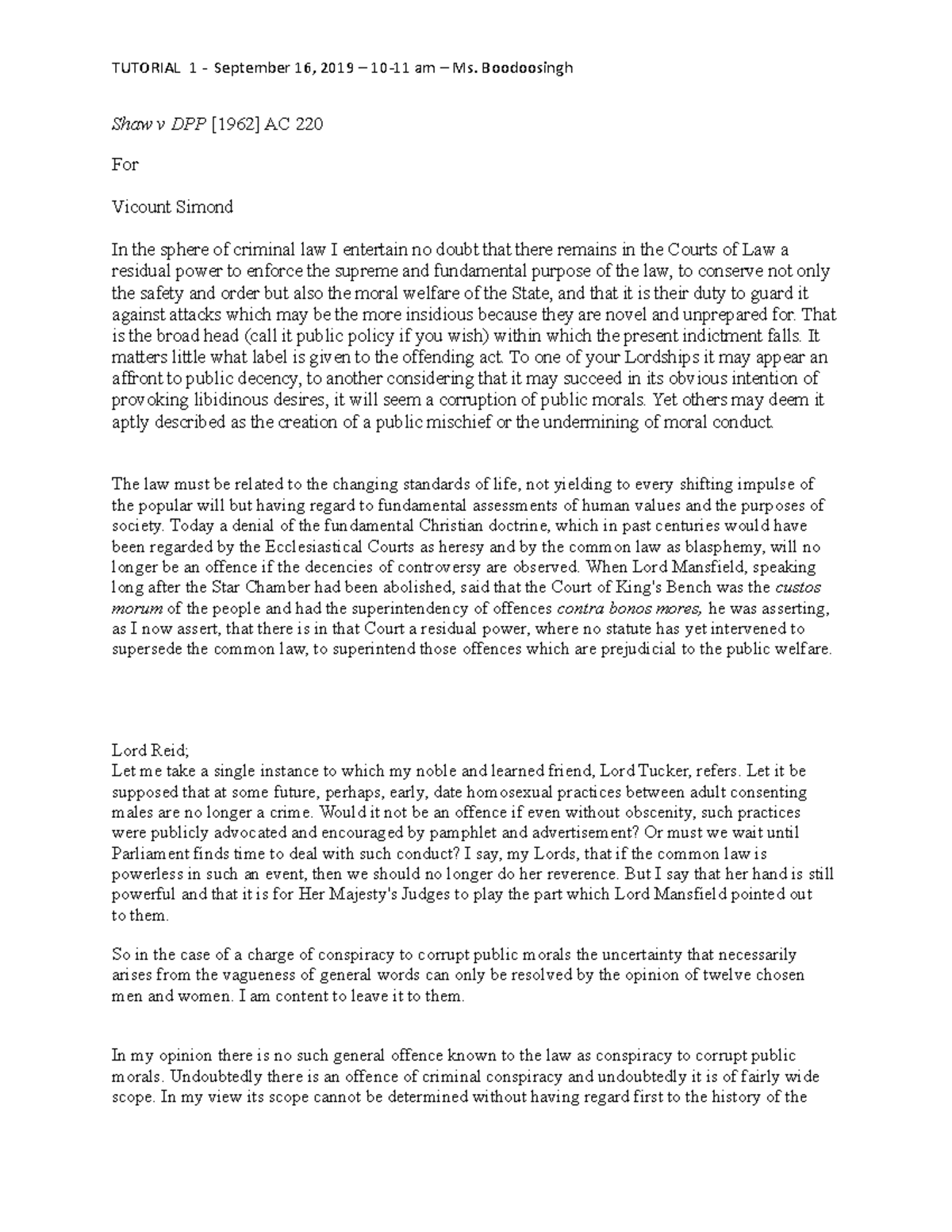 Tutorial - 1 Crim - Lecture notes delivered by Dr. Matthews - TUTORIAL ...