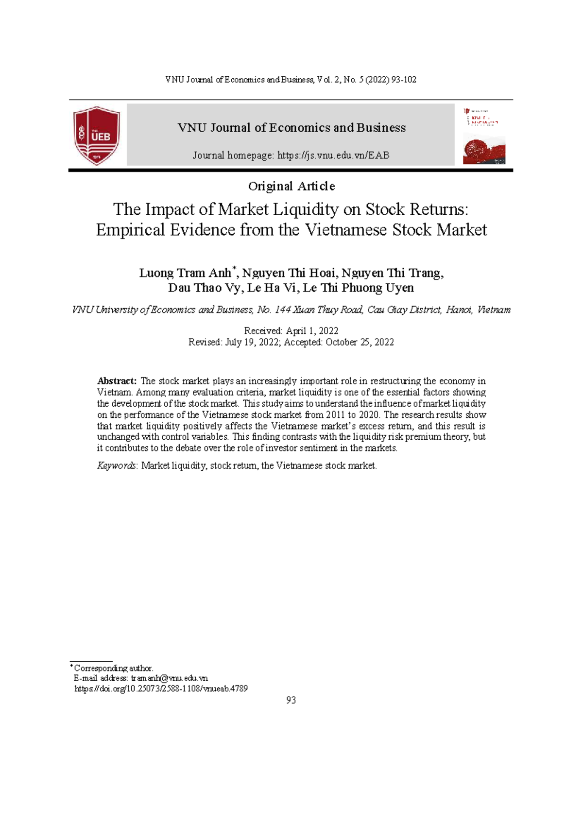 The Impact of Market Liquidity on Stock Returns in Vietnam (2022) - Studocu