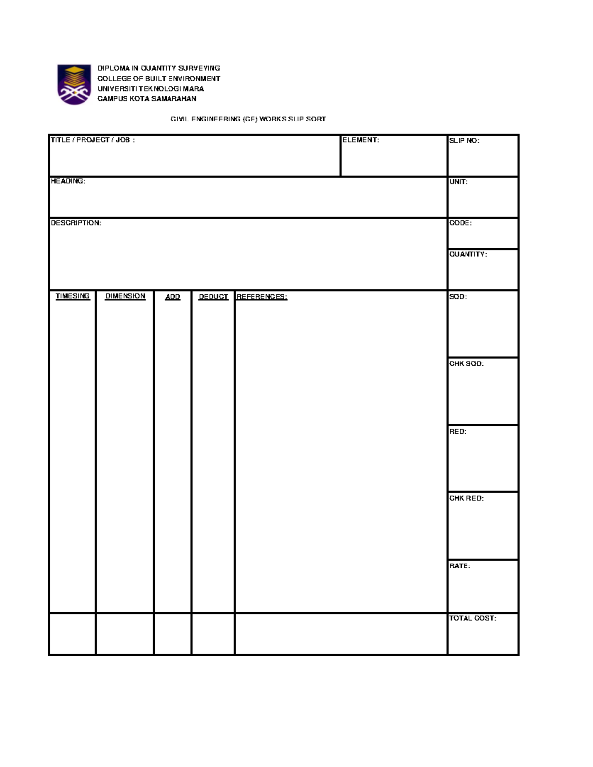 SLIP SORT ( Civil) - Note - Quantity Surveying - ELEMENT: TIMESING ...