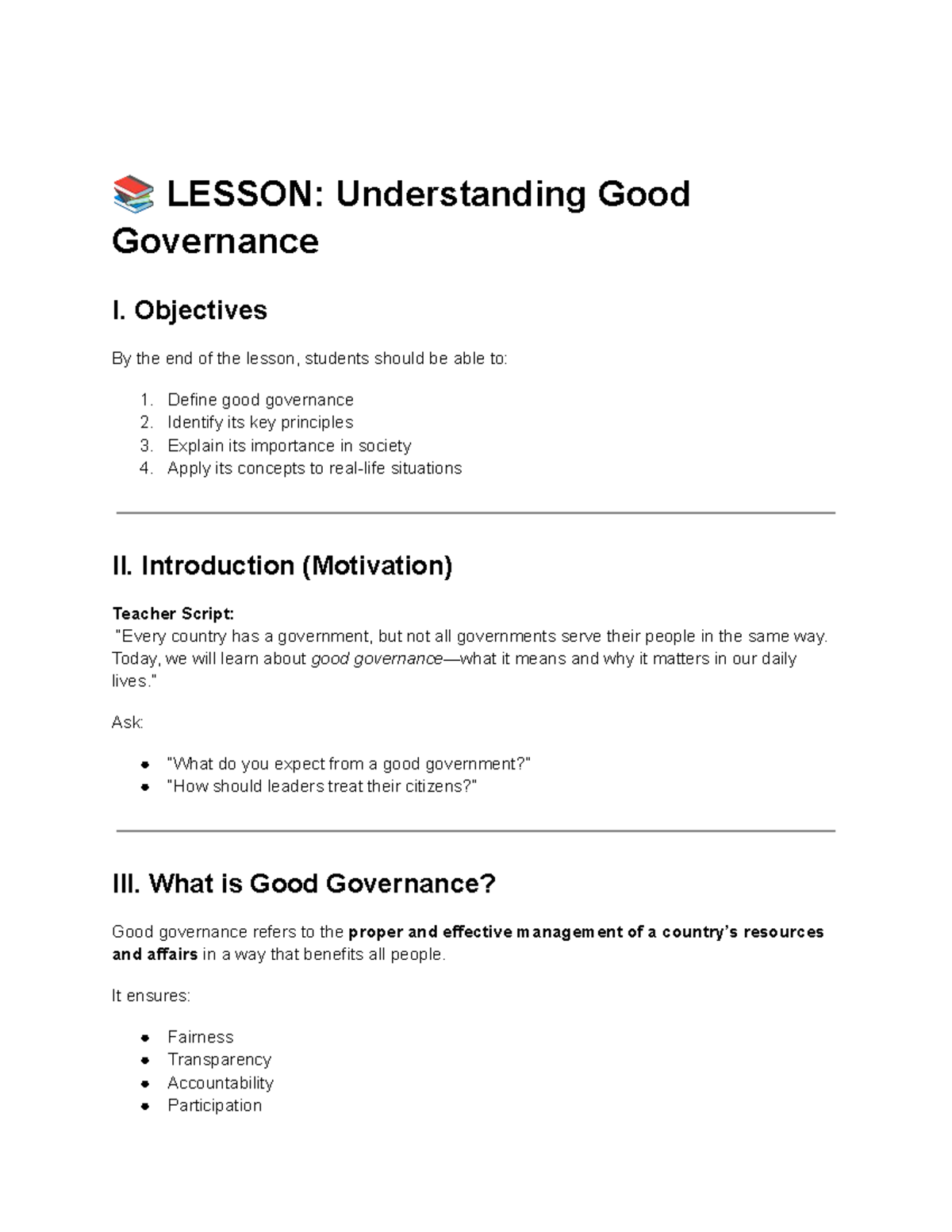 LESSON: Good Governance Principles and Importance - Studocu