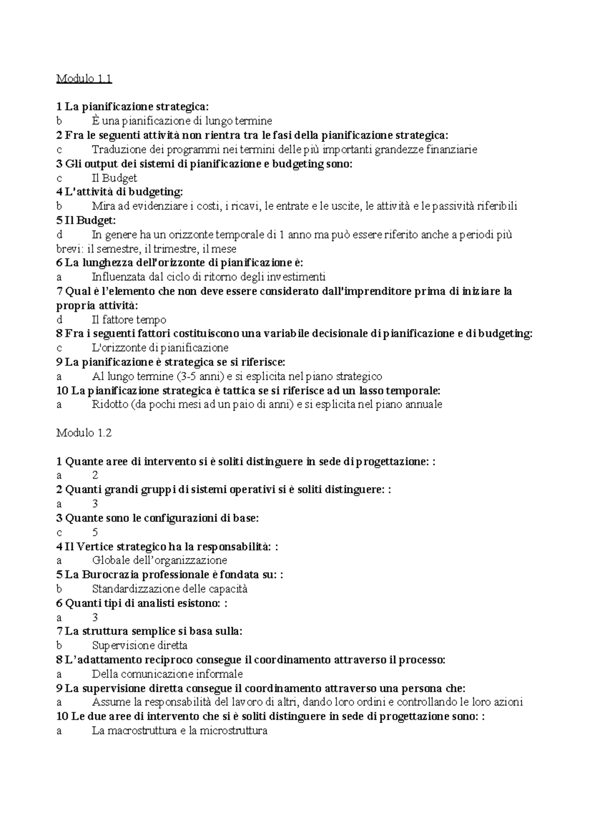 Domande e Risposte Modulo 1 e 2 - Corso UNIPEGASO - Studocu