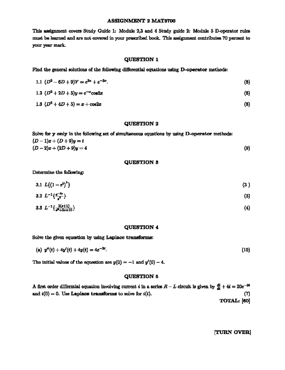 MAT3700 Assignment 2: Differential Equations & Solutions - Studocu