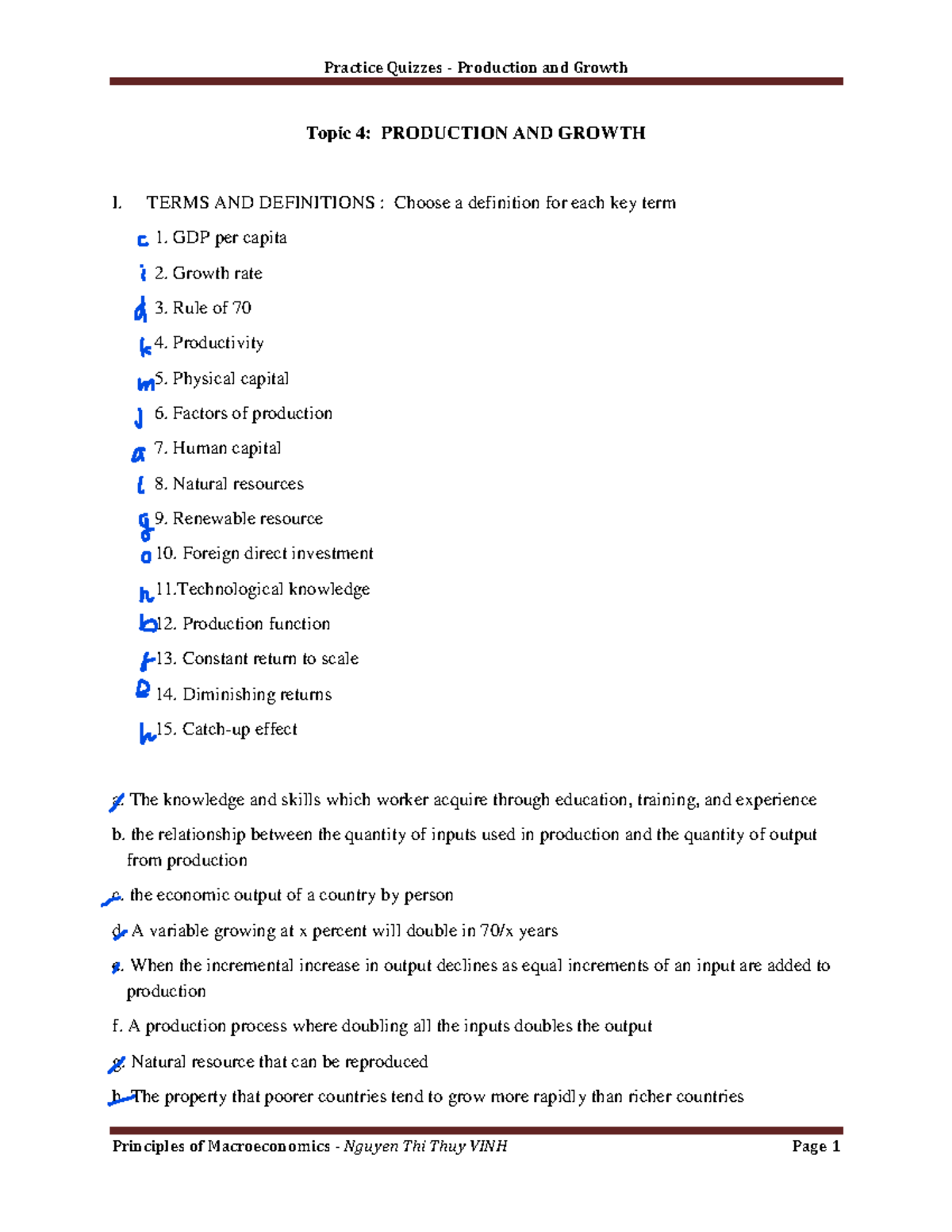 Practice-Quizzes-C25 - Topic 4: PRODUCTION AND GROWTH I. TERMS AND ...