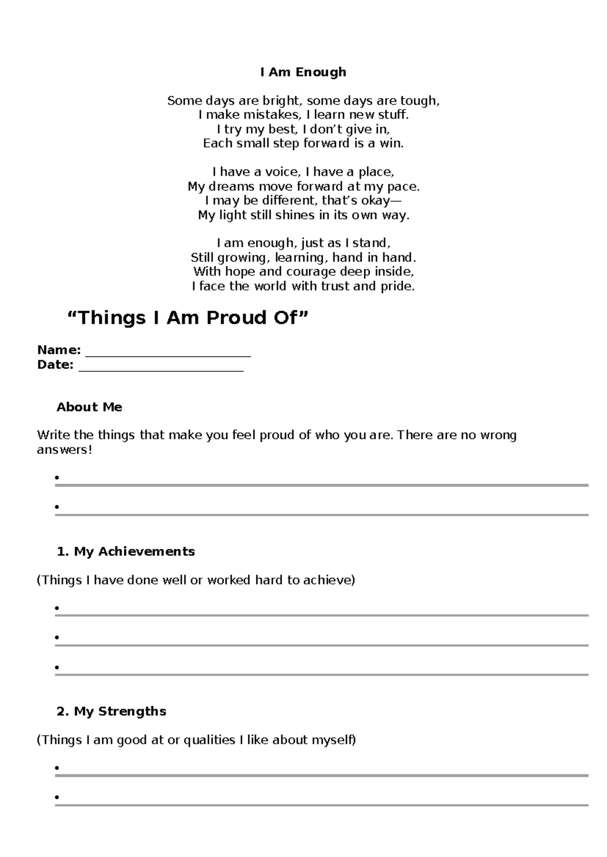 🌟 I Am Enough 🌟 Poem & Reflection Template - Studocu
