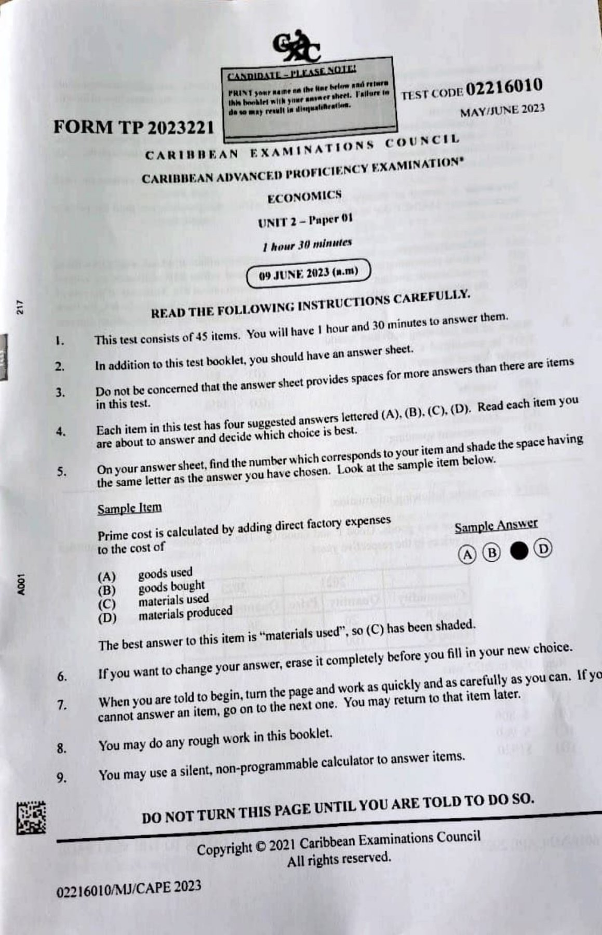 CAPE Economics Unit 2 Paper 01 2023 - Final Exam Instructions and ...