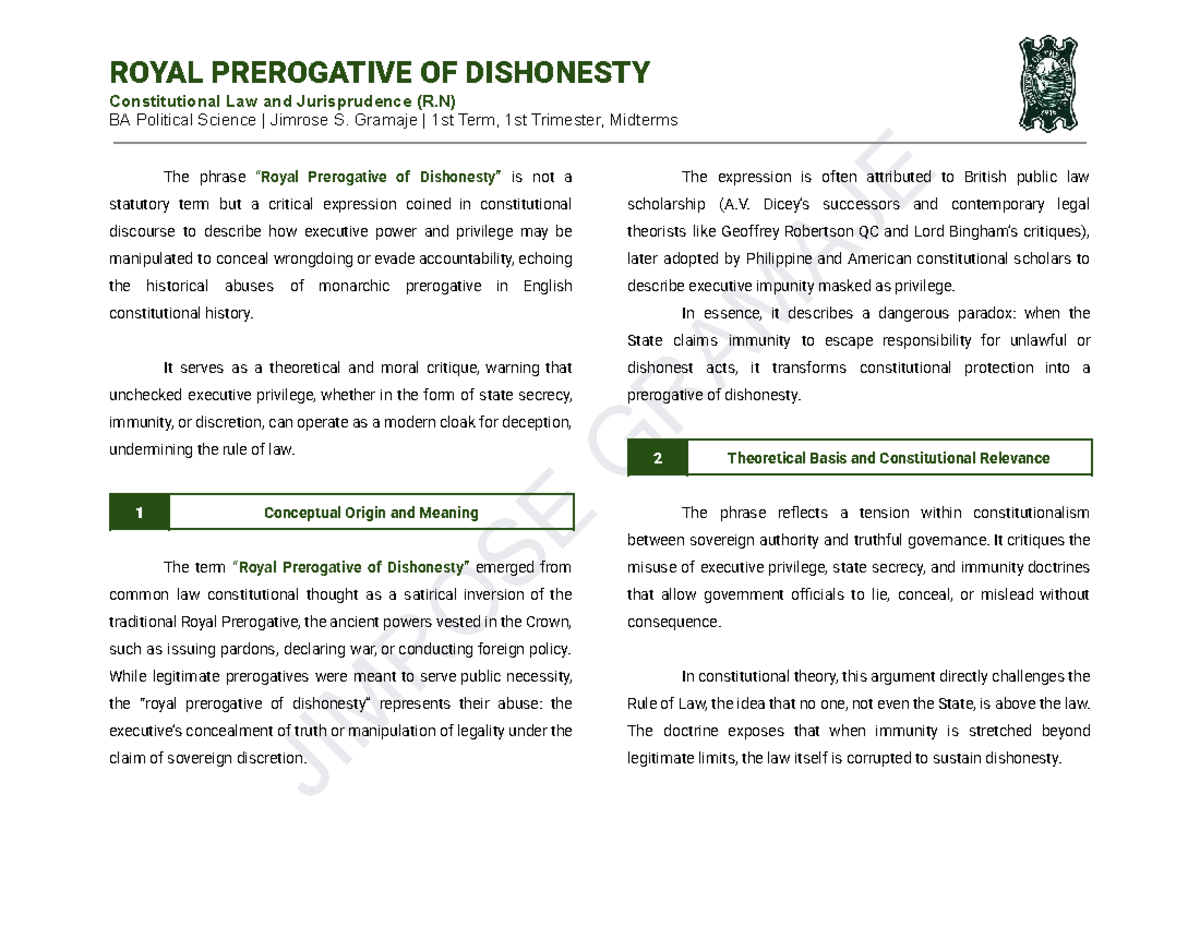 Royal Prerogative of Dishonesty: A Critical Analysis (R.N) BA Political ...