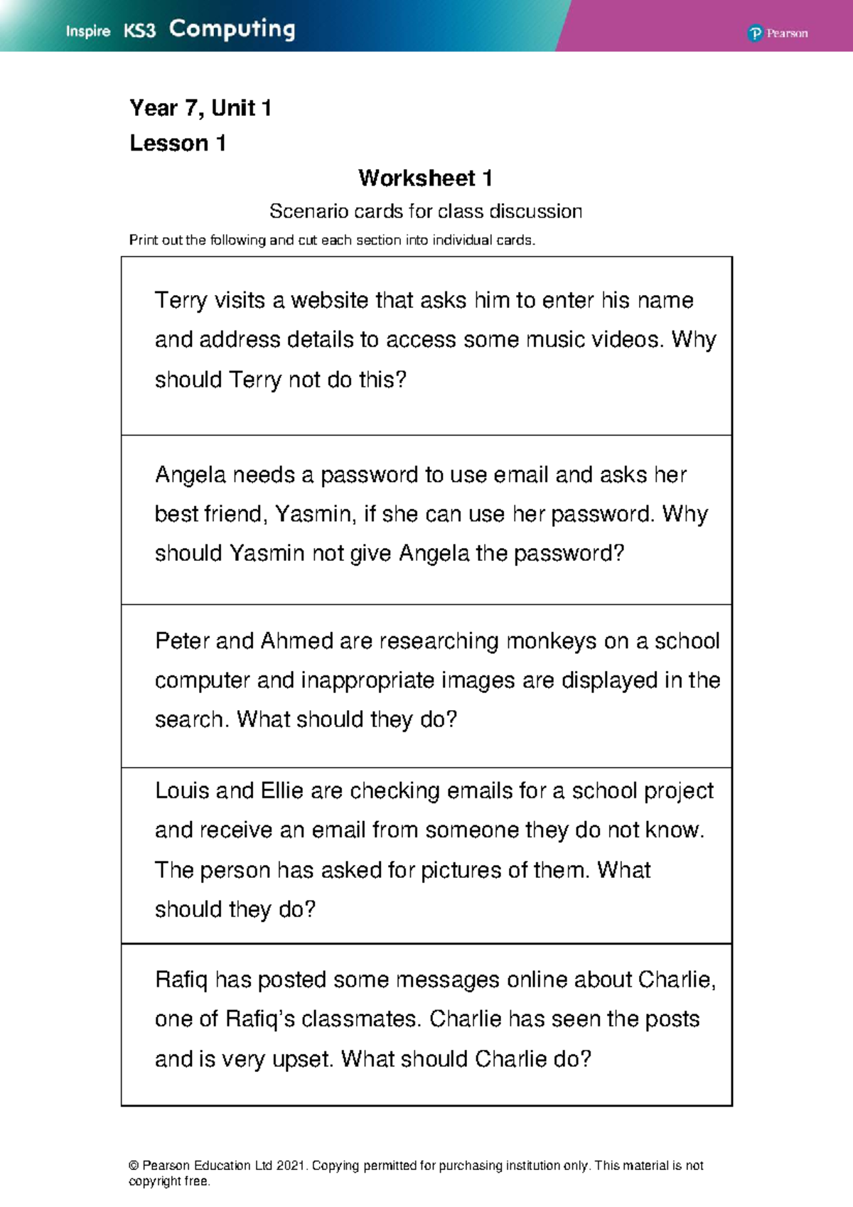 Inspire Computing Y7 Unit 1 L1 Worksheet 1: Scenario Cards for ...