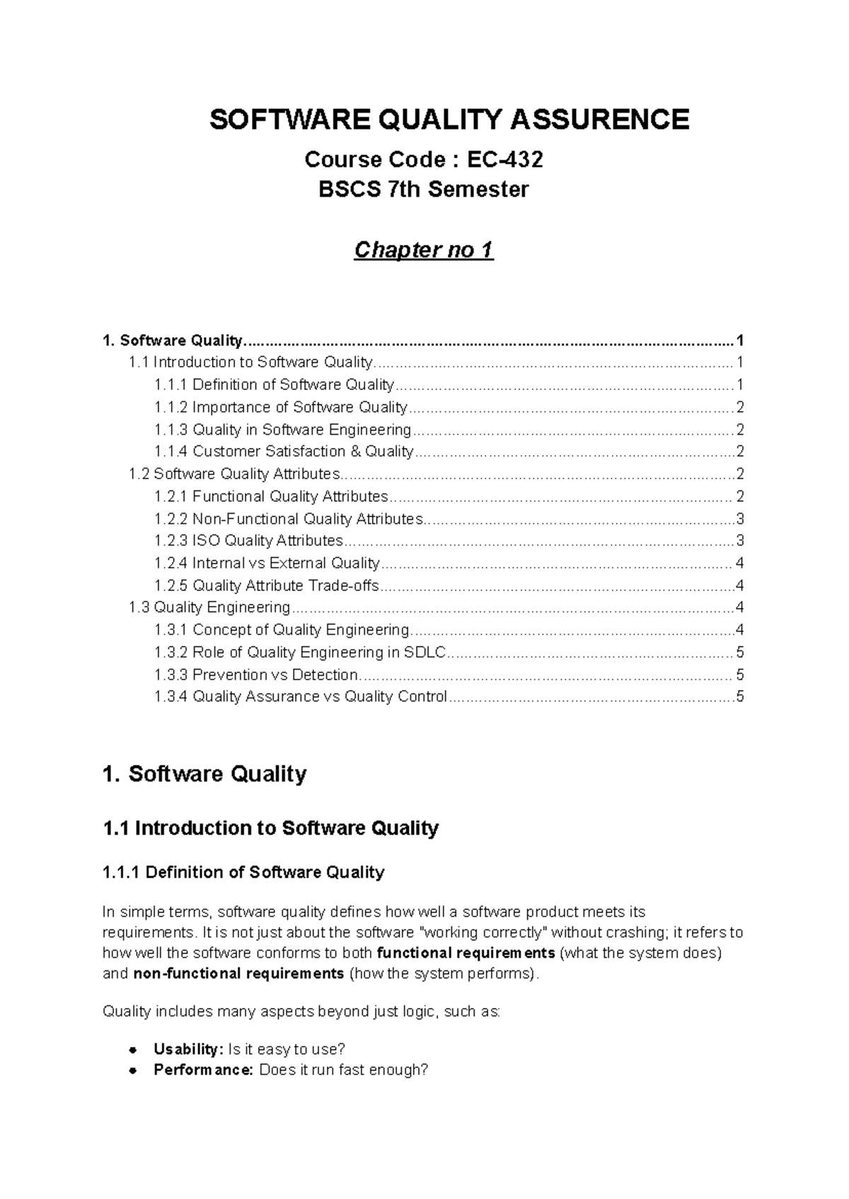 SQA BSCS 7th Sem: Chapter 1 - Introduction to Software Quality - Studocu