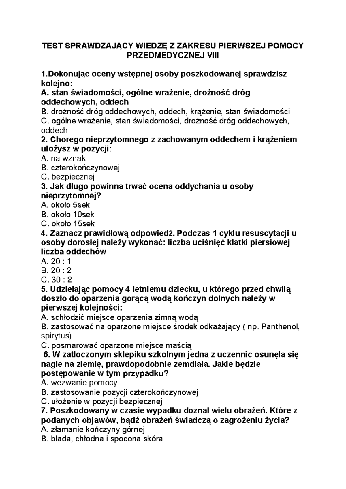 Sprawdzian Z Edb Pierwsza Pomoc 30 Pytań