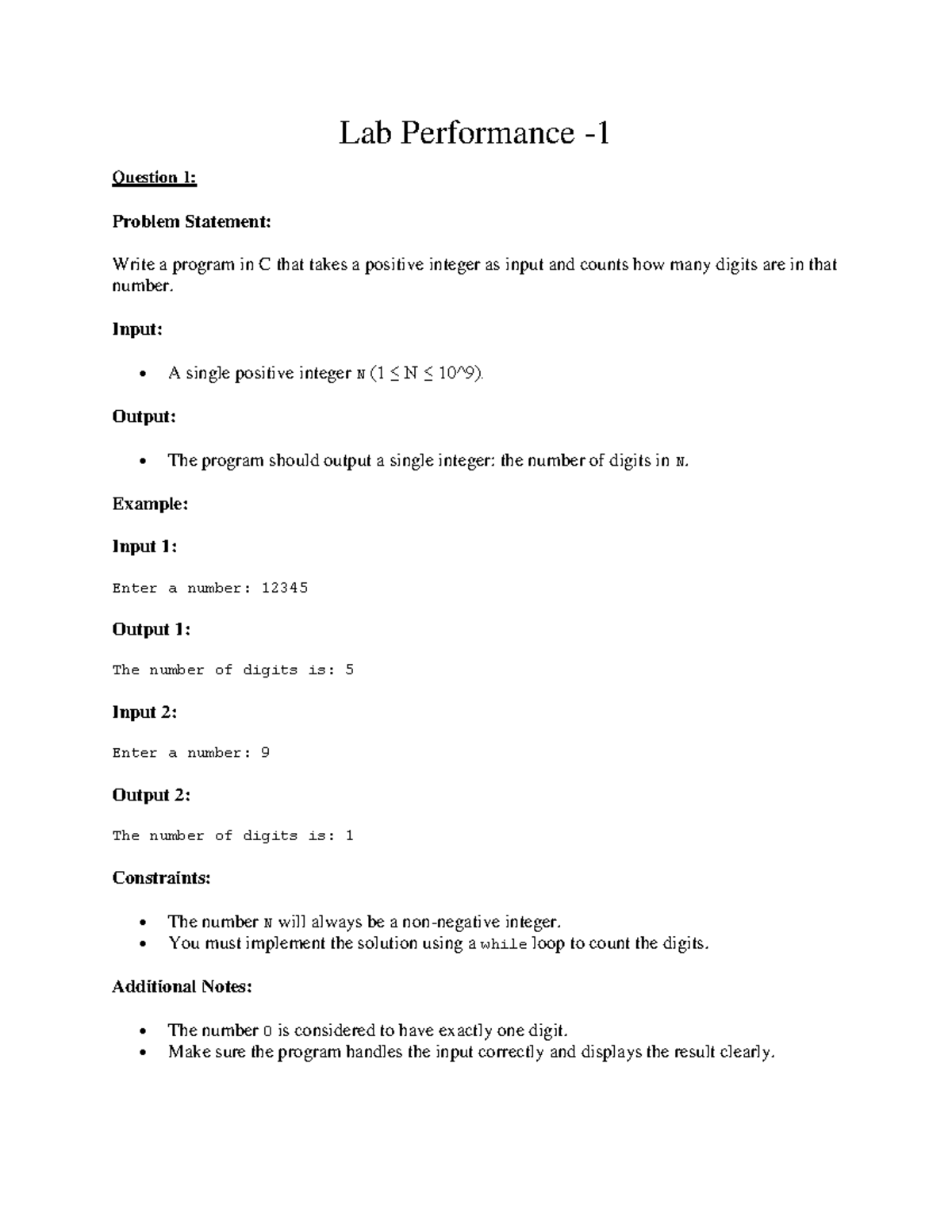 Lab Performance - Input: A single positive integer N (1 ≤ N ≤ 10^9 ...