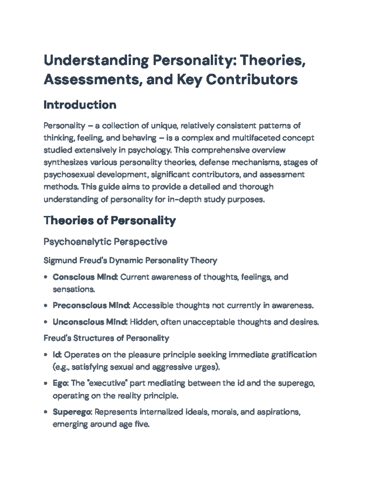Comprehensive Guide to Personality Theories and Assessments (PSY 101 ...