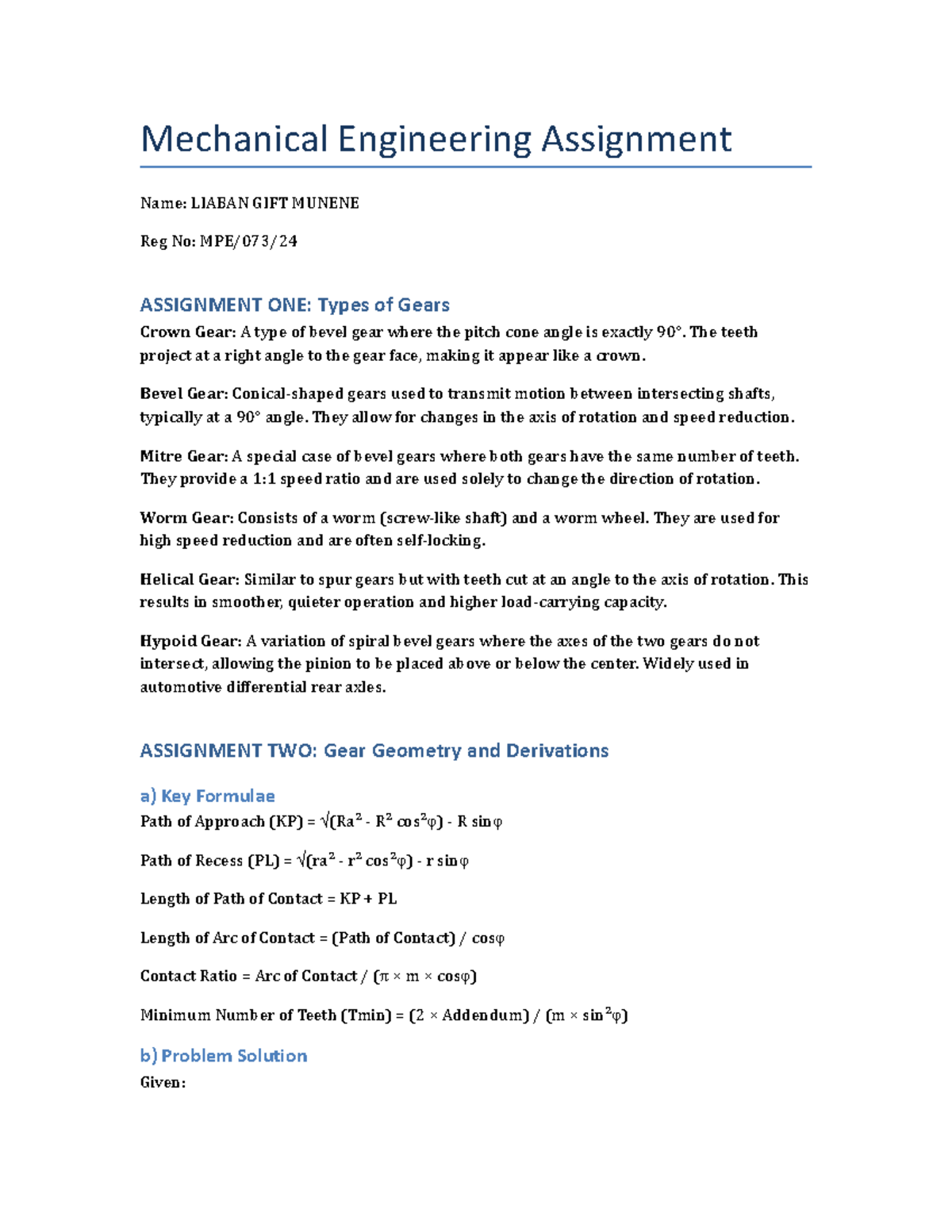 MECH 101: Gear Types and Geometry Assignment Notes - Studocu