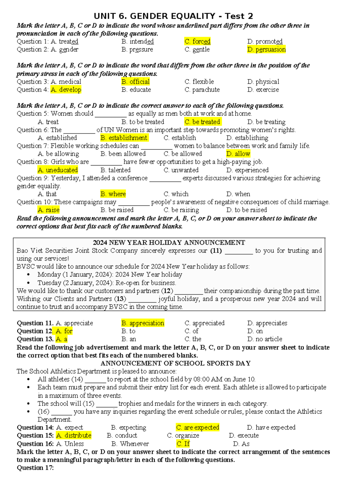 **Grade 10 - UNIT 6 - Test 2: Gender Equality and Related Topics ...