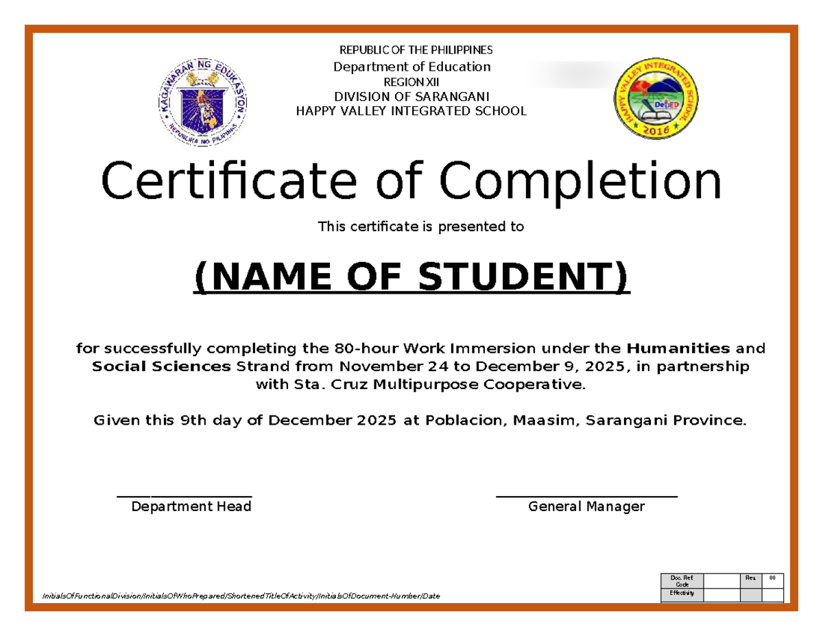 Immersion Certificate SY 2025 - Doc. Ref. Code SGOD F- 002 Rev. 00 ...