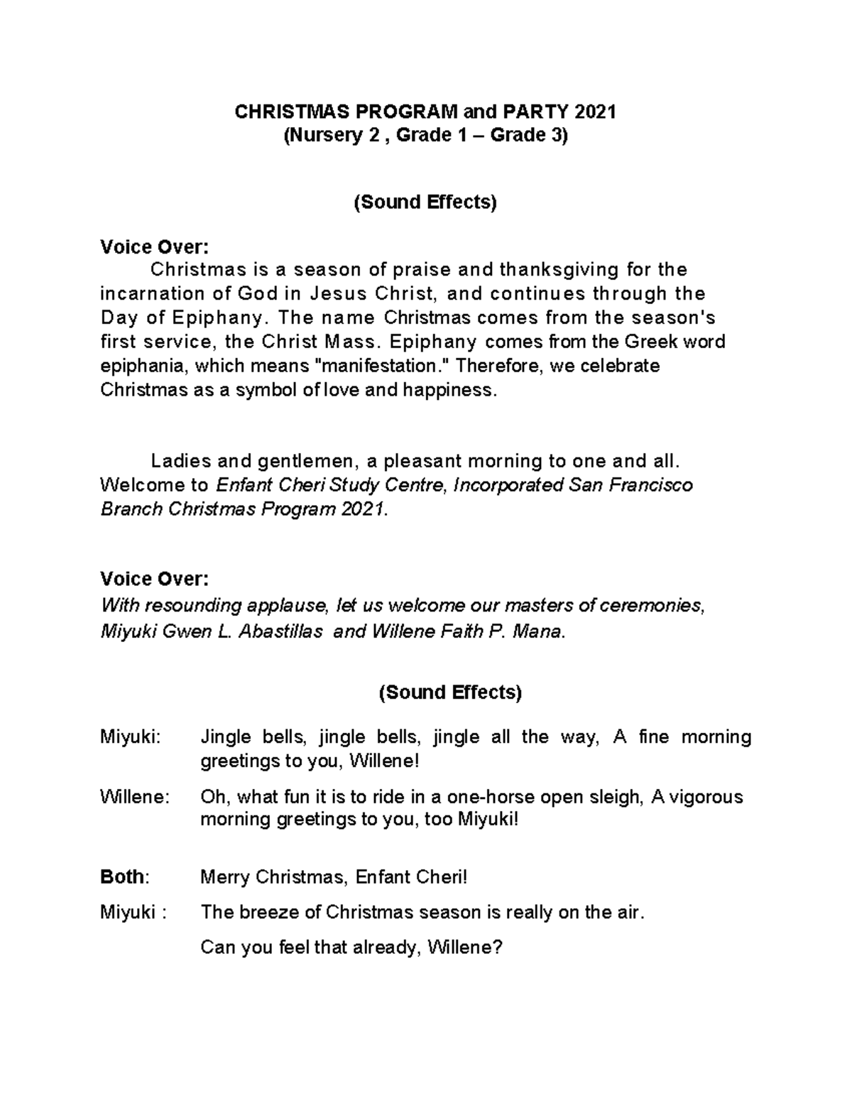 576482769 MC Script: Enfant Cheri Christmas Program 2021 - Studocu