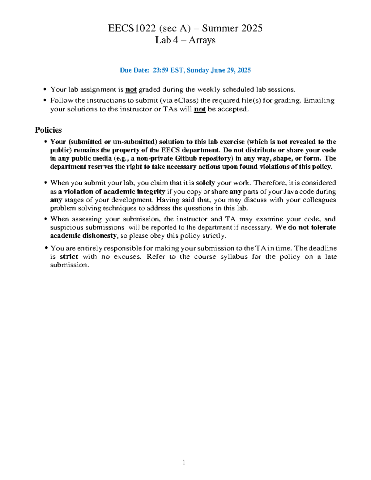 EECS1022 (sec A) Summer 2025 Lab 4: Arrays Assignment Guide - Studocu