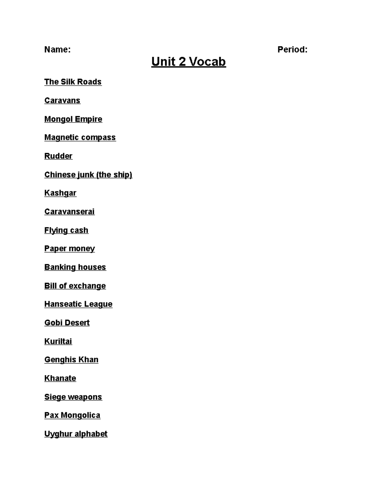 Unit 2 Vocab List: Key Terms from the Silk Roads and Mongol Empire