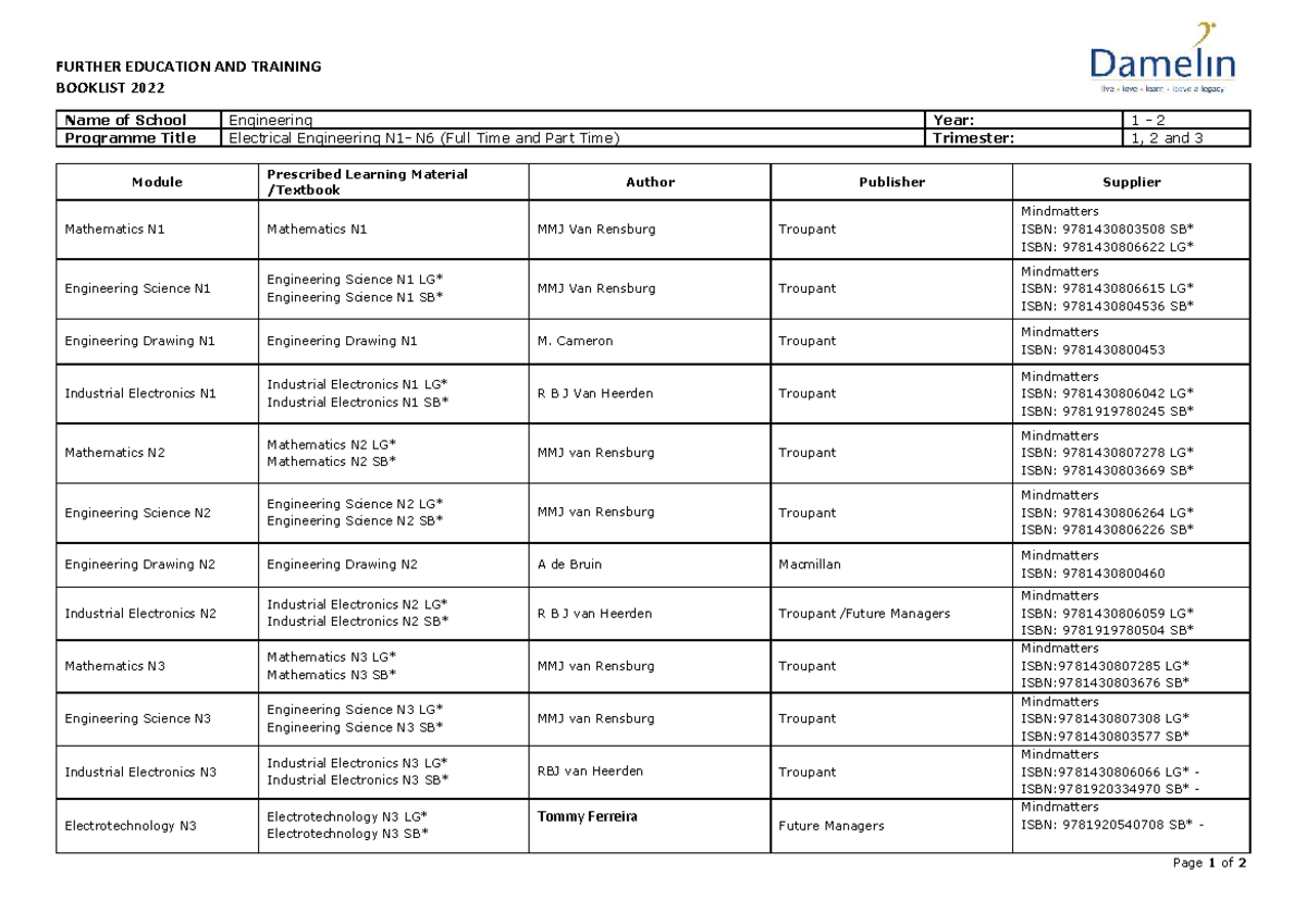 Nated Electrical Engineering Booklist N1-N6 2022 - Prescribed Materials ...