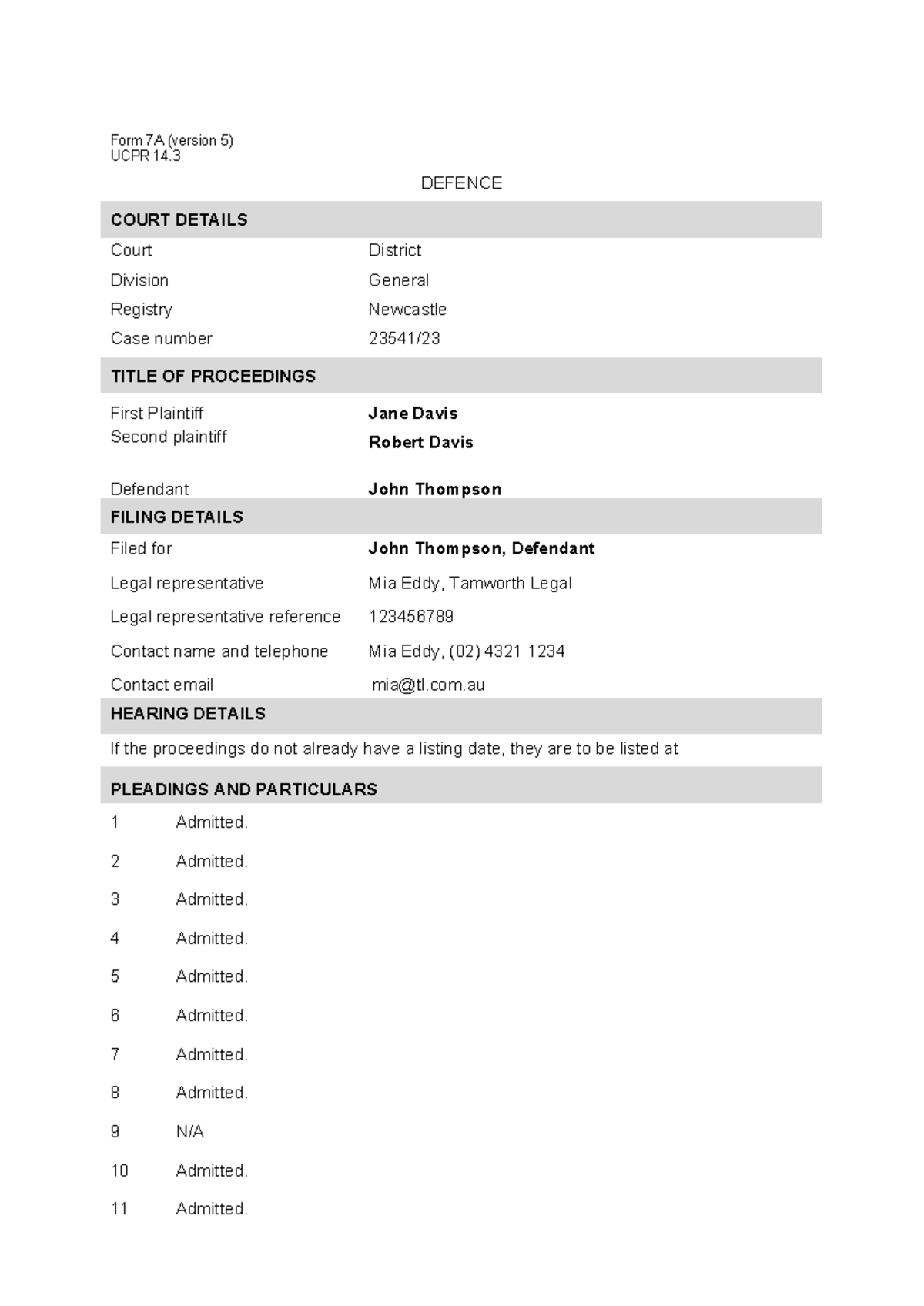 UCPR Form 7A v5 - Defence Submission Details and Hearing Info - Studocu