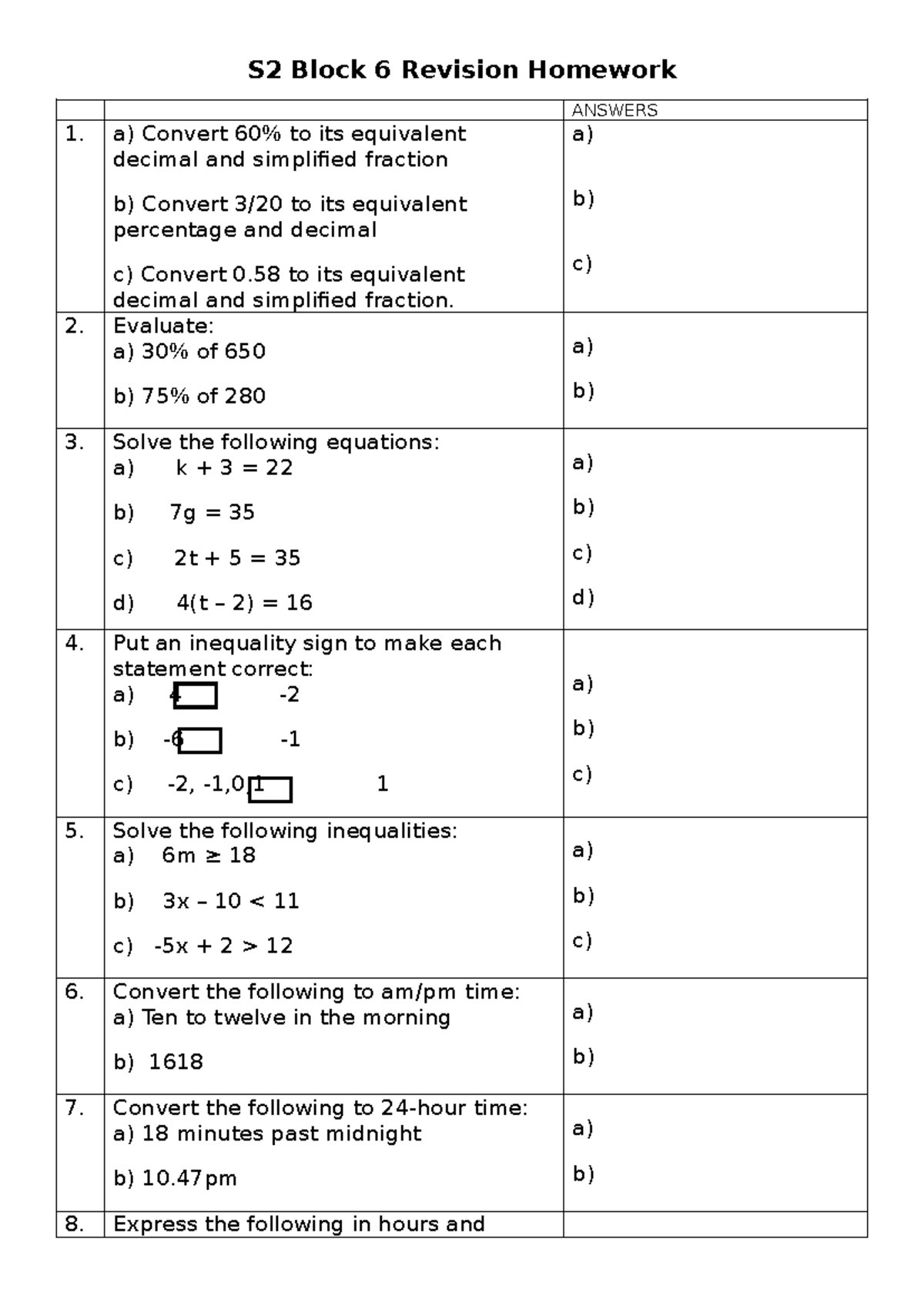 S2 Block 6 Revision Homework: Conversions, Equations & Inequalities ...