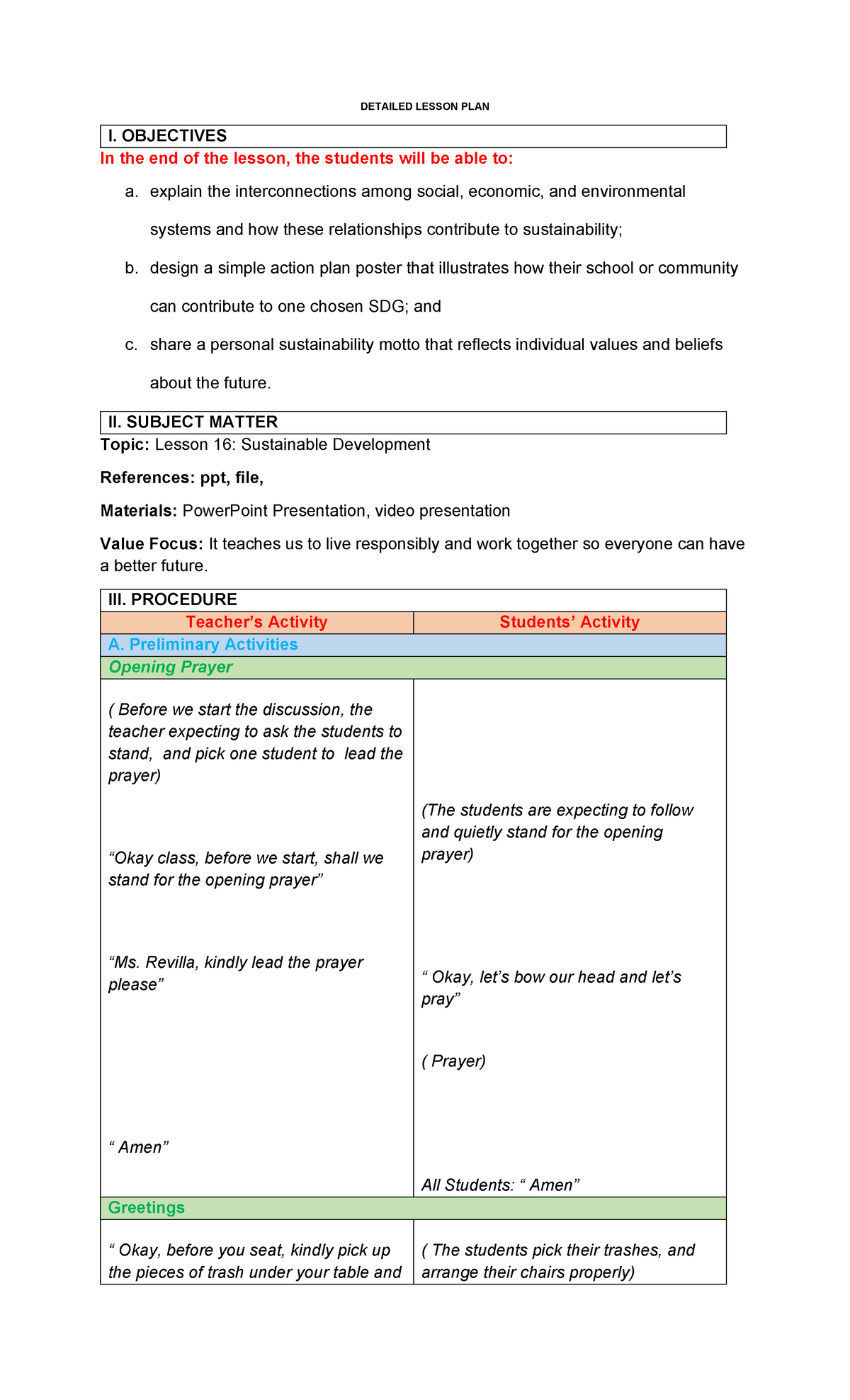 Lesson Plan on Sustainable Development (STS 101) - Studocu