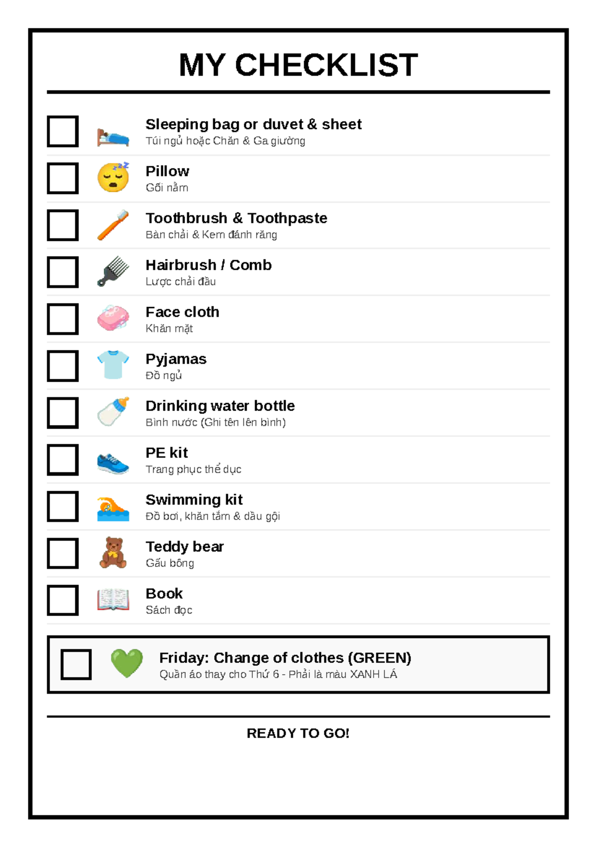 Clear Checklist A4 - MY CHECKLIST 🛌 Sleeping bag or duvet & sheet Túi ...