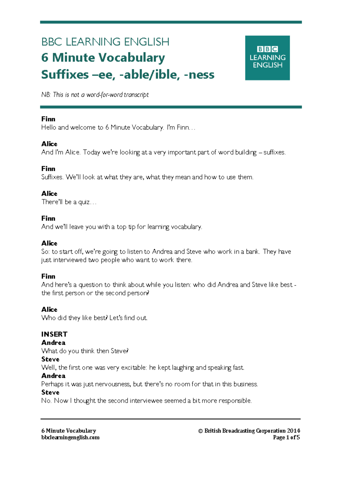 Unit 1: Vocabulary on Suffixes – ee, -able, -ible, -ness - Studocu