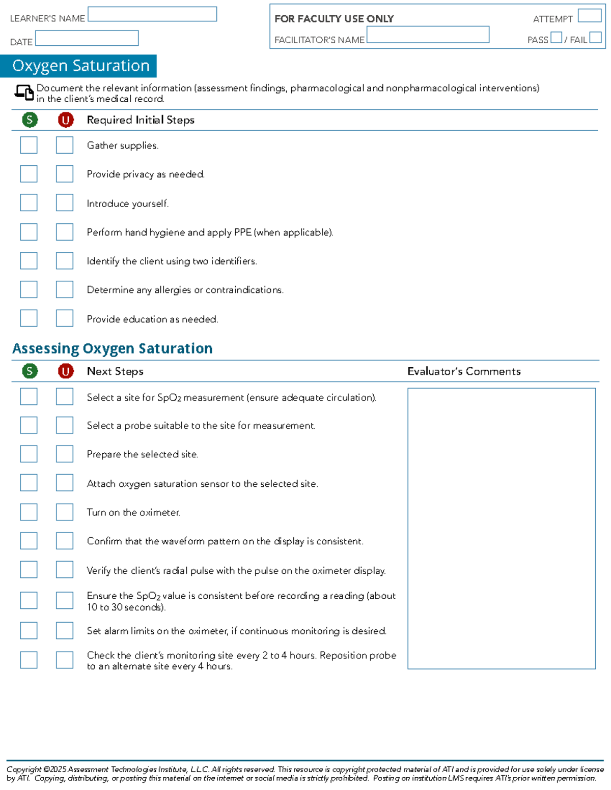 Oxygen Saturation Assessment Checklist for Faculty Use - Studocu