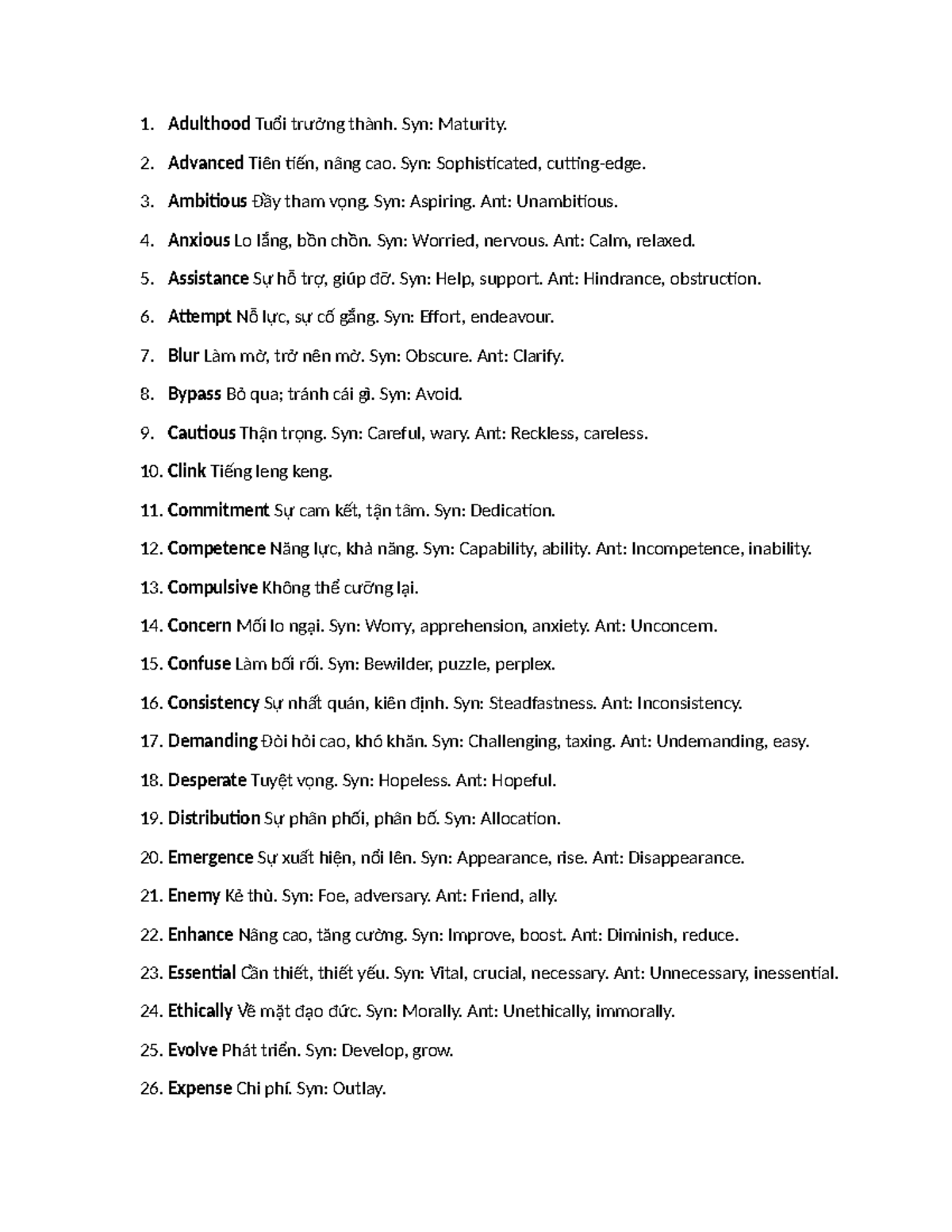 Vocabulary List for Adulthood (Maturity) - Key Terms and Synonyms - Studocu