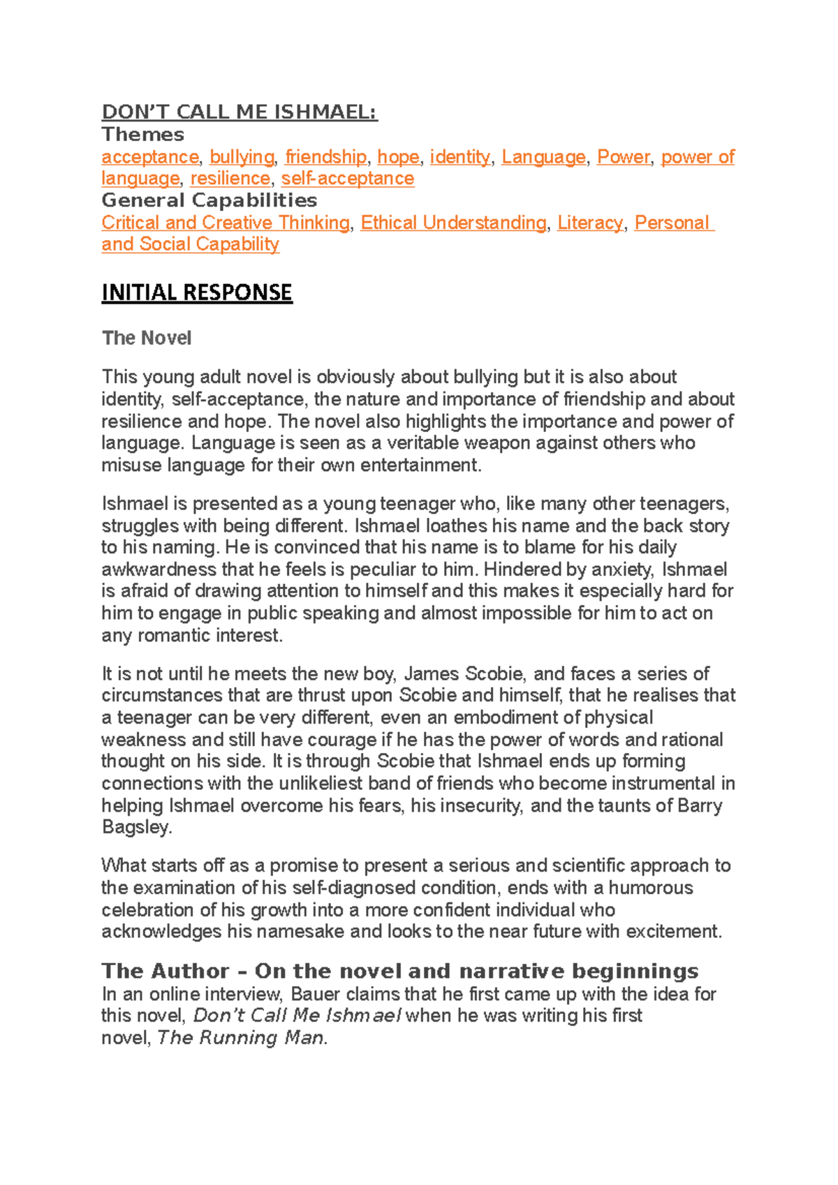 DON'T CALL ME Ishmael - English notes - DON’T CALL ME ISHMAEL: Themes acceptance, bullying ...
