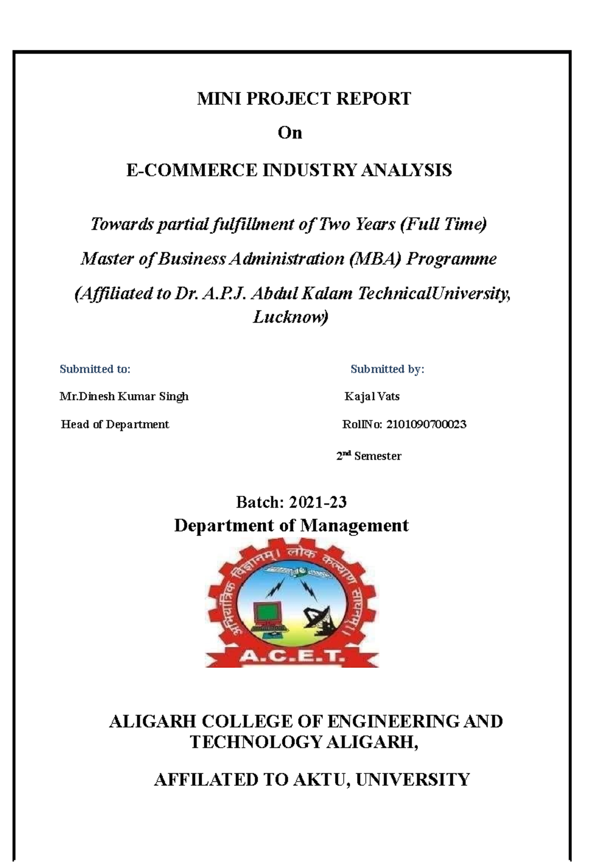 MBA - Mini Project Report on E-Commerce Industry Analysis - Studocu
