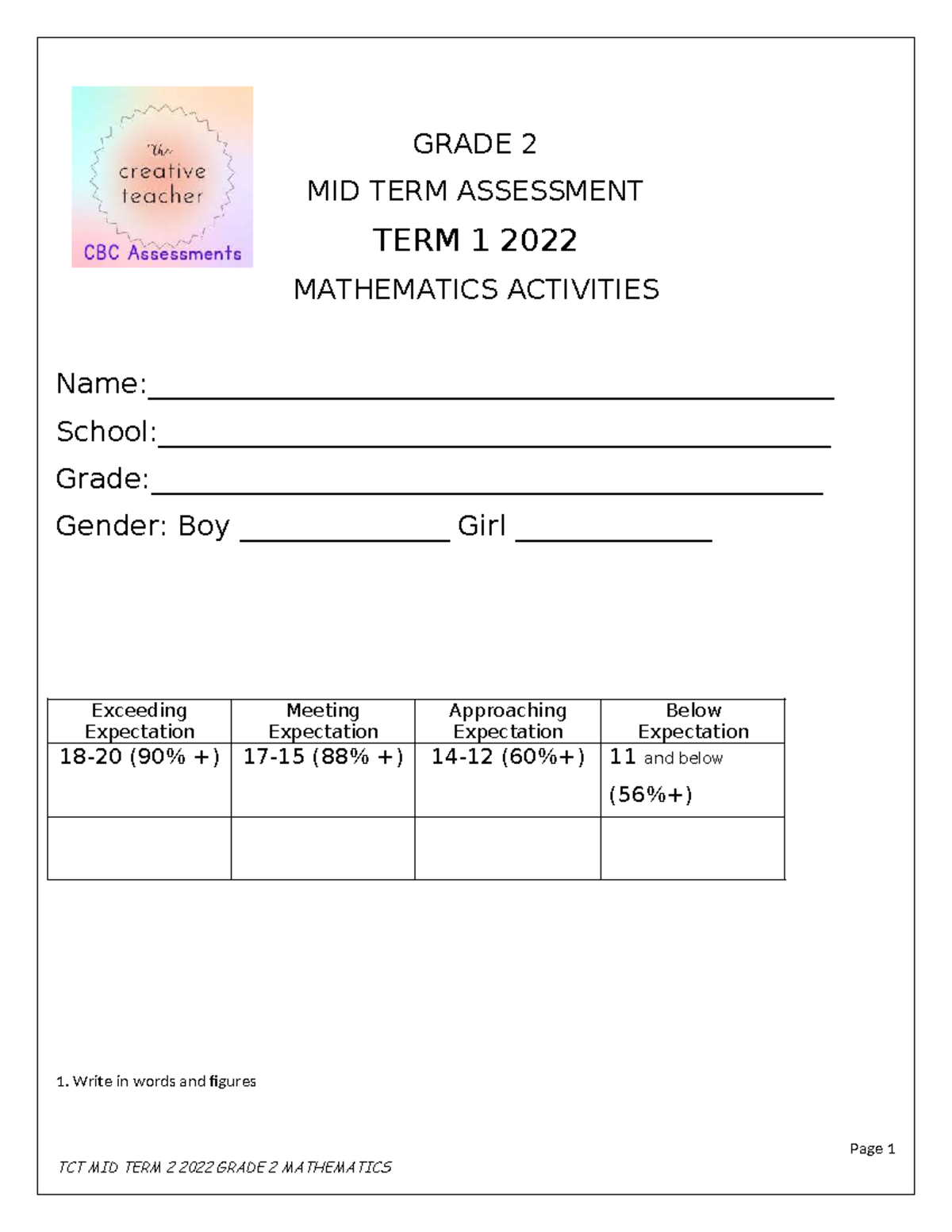 TCT MID TERM 2 2022 GRADE 2 MATHEMATICS ASSESSMENT ACTIVITIES - Studocu