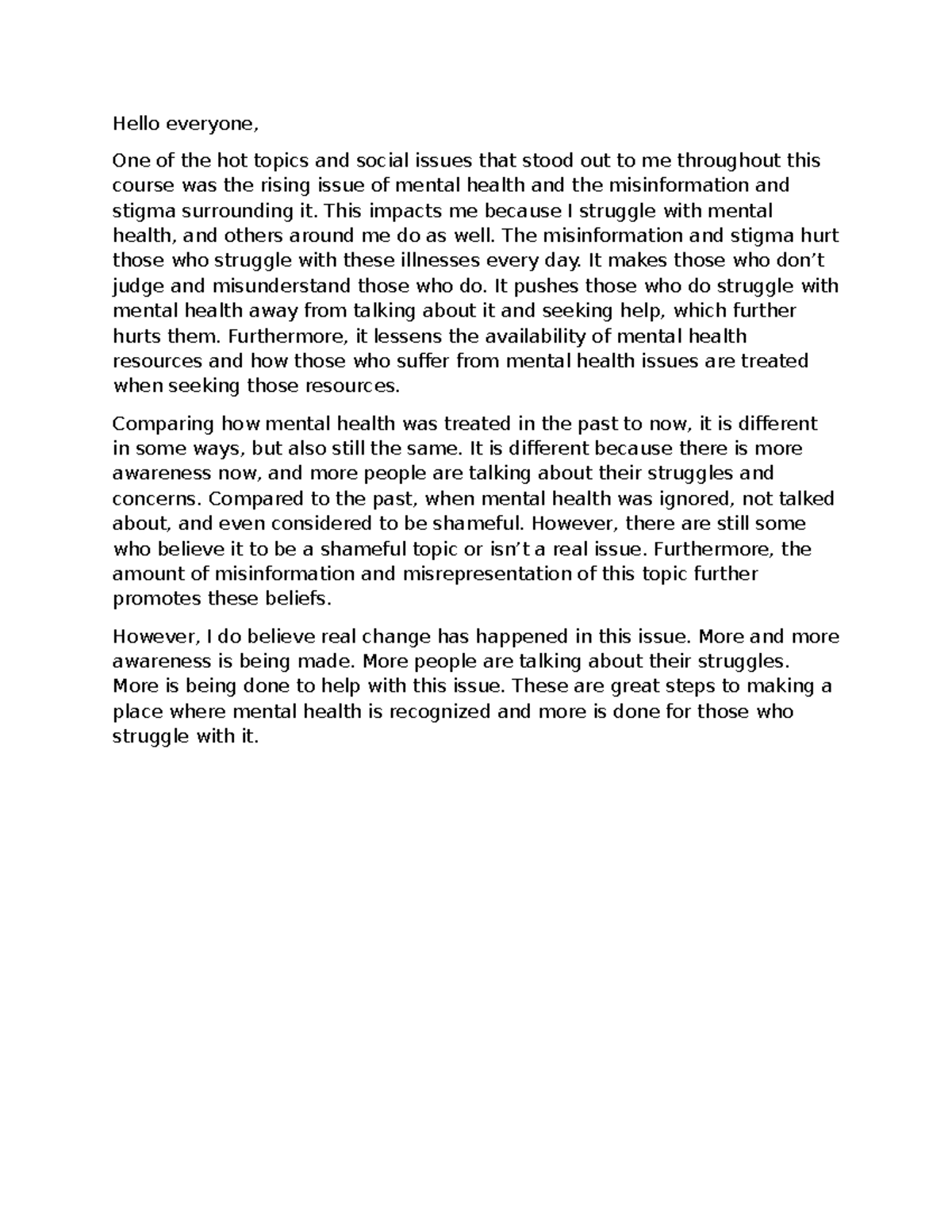 SCS 260 Discussion 8: Addressing Mental Health Stigma and Awareness ...