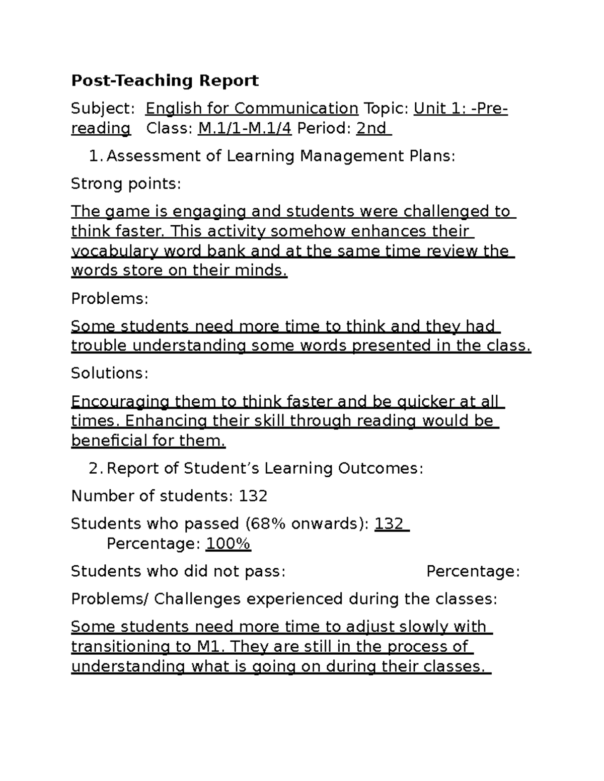 Post Lesson Report: English for Communication - Unit 1 Analysis - Studocu